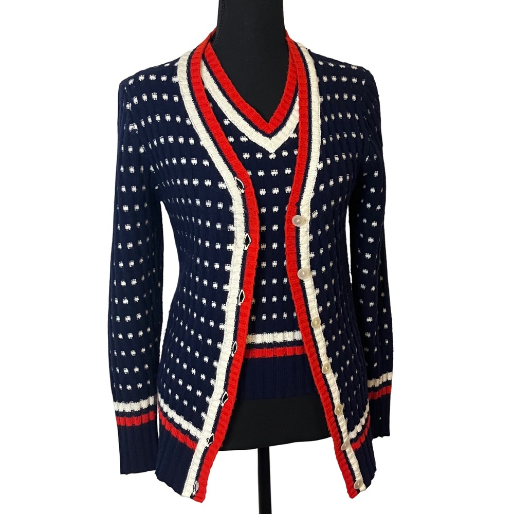 Vintage Small Cardigan‎ Sweater Vest set Blue,White Red Preppy Classic casuals